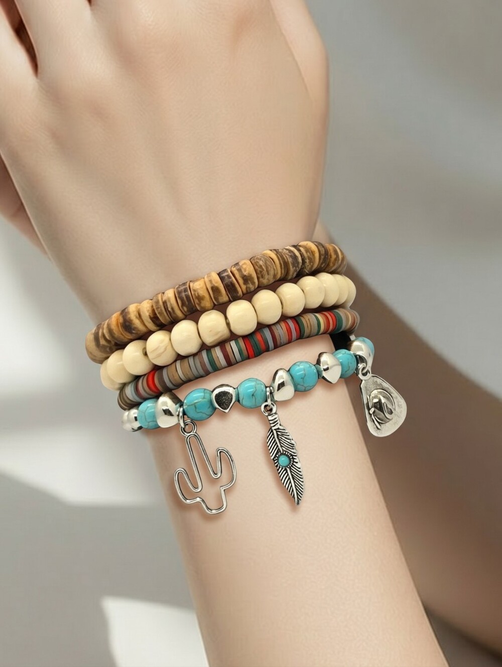 Boho Beaded Stacked Bracelets Set 4 Cactus Feather Cowboy Hat Charm Turquoise